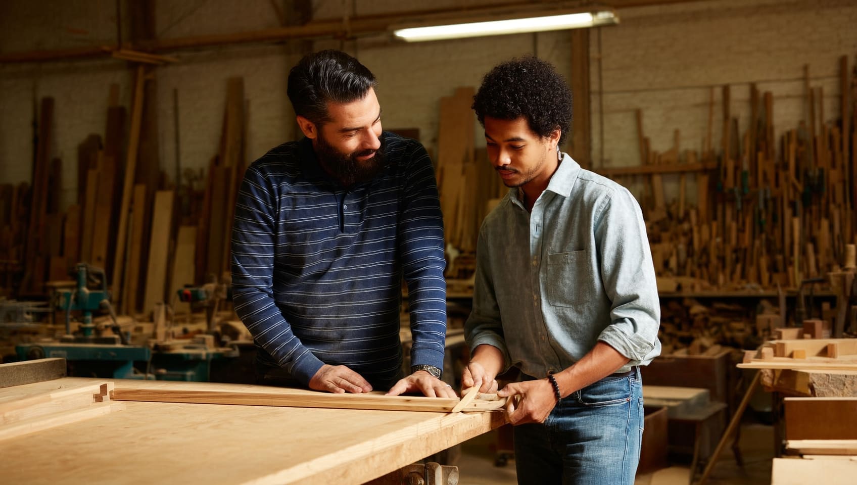 A mentor guiding a young apprentice through hands on trades work in a bright workshop